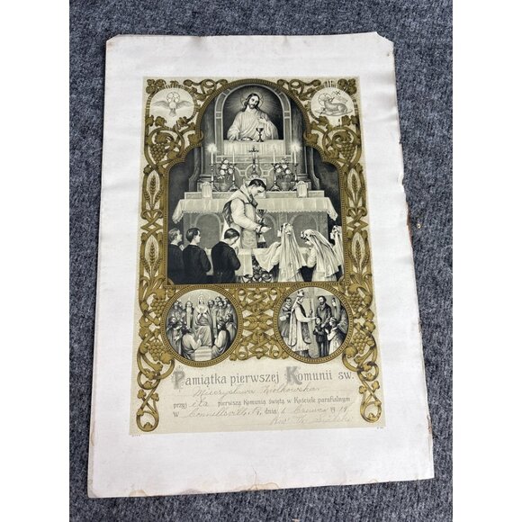 Religious Certificate 1919 Communion Keepsake Pamiątka Pierwszej Komunii Świętej - Picture 1 of 8